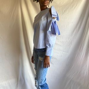 Baby blue dress shirt with shoulder bow  detail